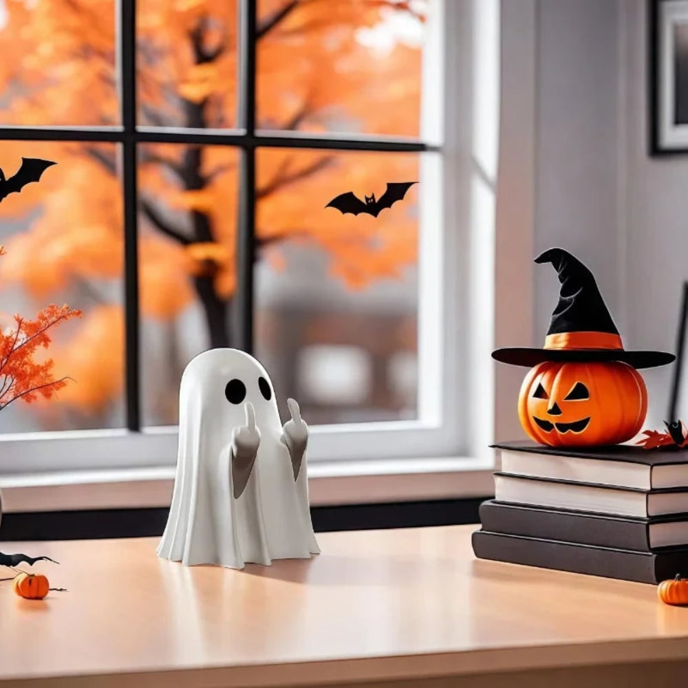 Nadmuchiwana stołowa figurka ducha na Halloween z gestem środkowego palca