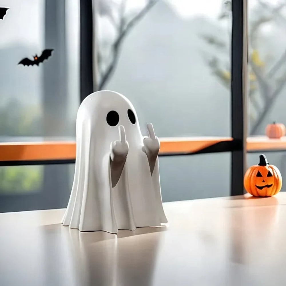 Halloween-spookdecoratie als beeldje, rebels tafelsculptuur met opgestoken middelvinger