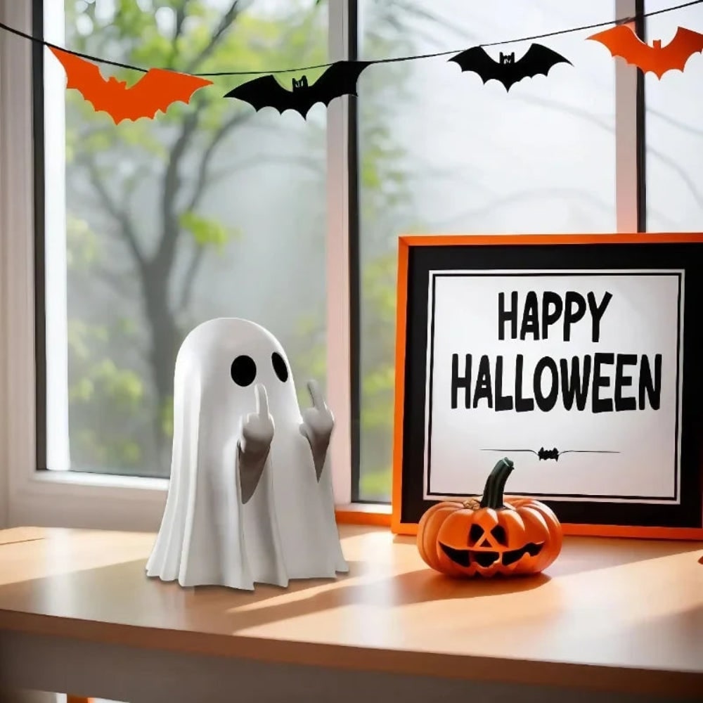Halloween-spookdecoratie als beeldje, rebels tafelsculptuur met opgestoken middelvinger