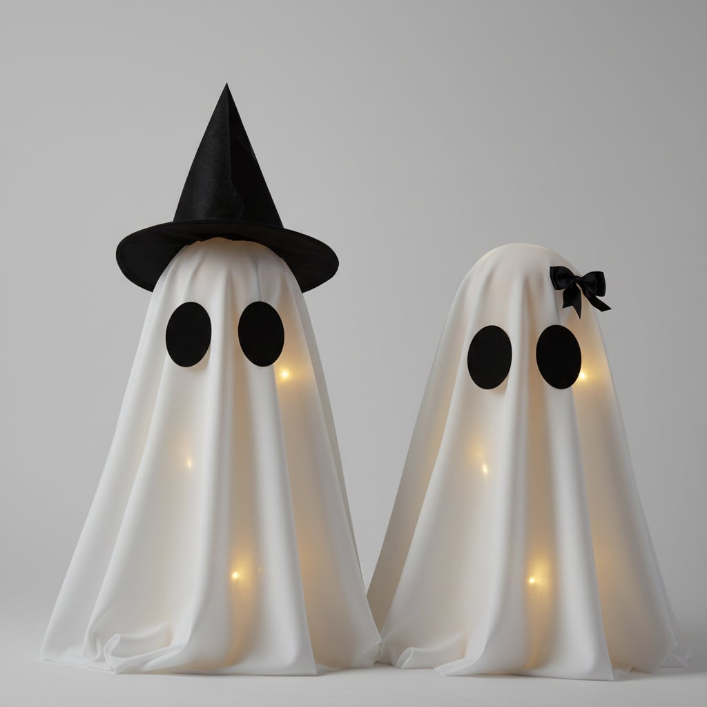 Két darab világító halloweenes szellemdekoráció, beépített meleg fehér LED-lámpákkal