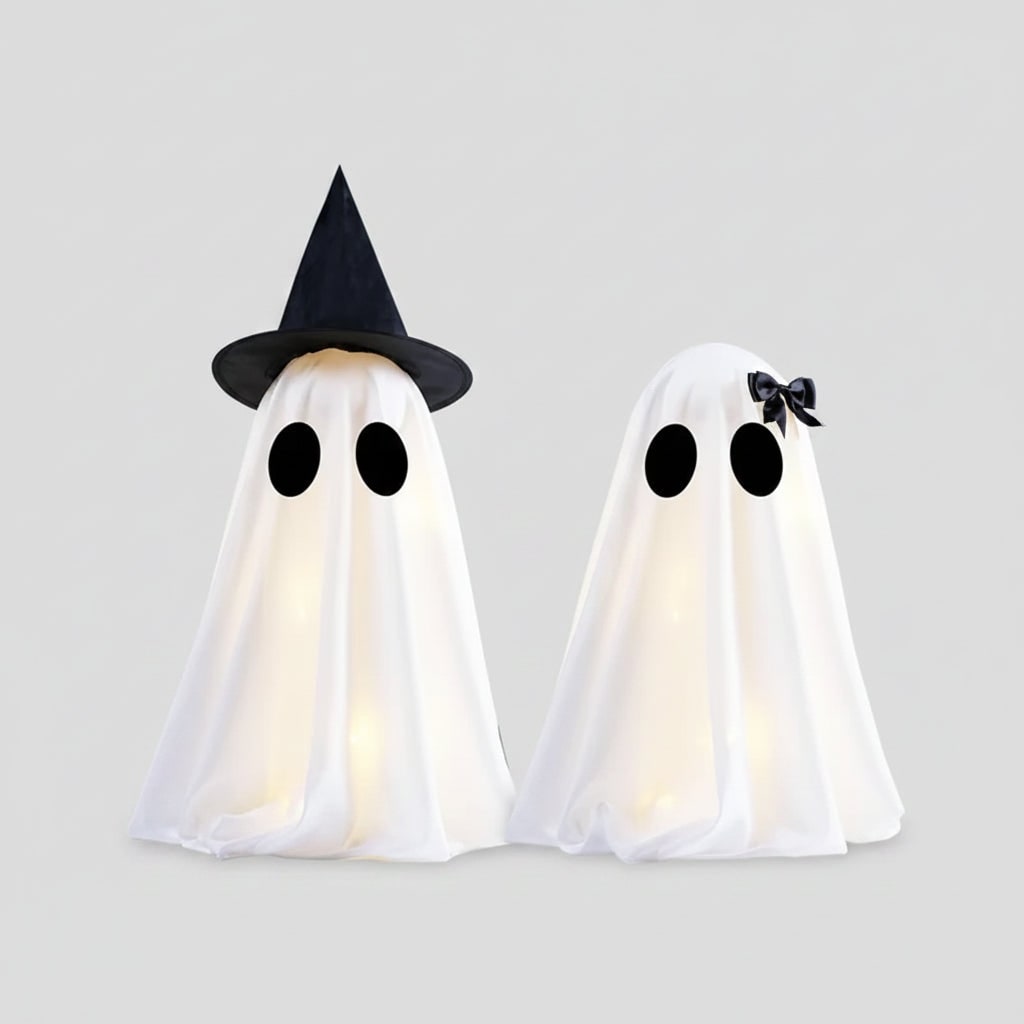 Két darab világító halloweenes szellemdekoráció, beépített meleg fehér LED-lámpákkal