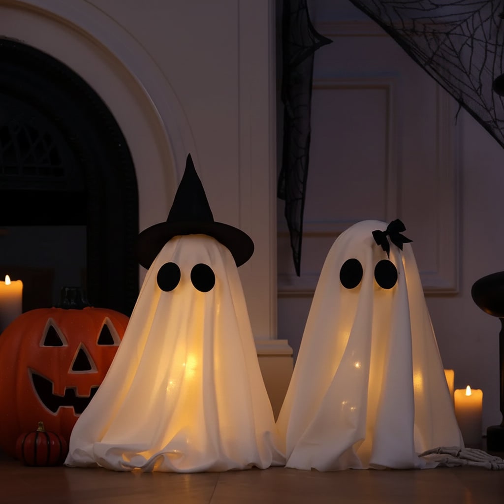 Két darab világító halloweenes szellemdekoráció, beépített meleg fehér LED-lámpákkal