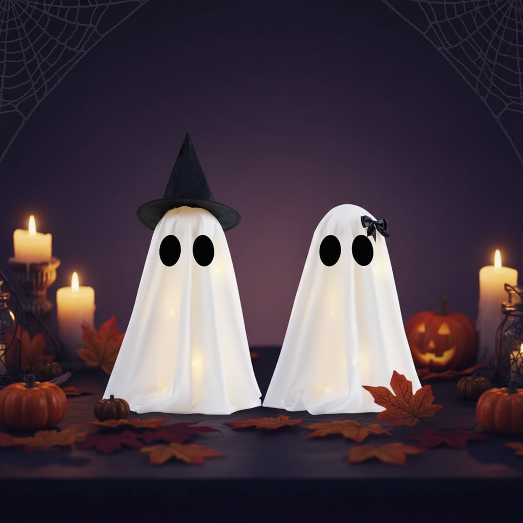 Két darab világító halloweenes szellemdekoráció, beépített meleg fehér LED-lámpákkal