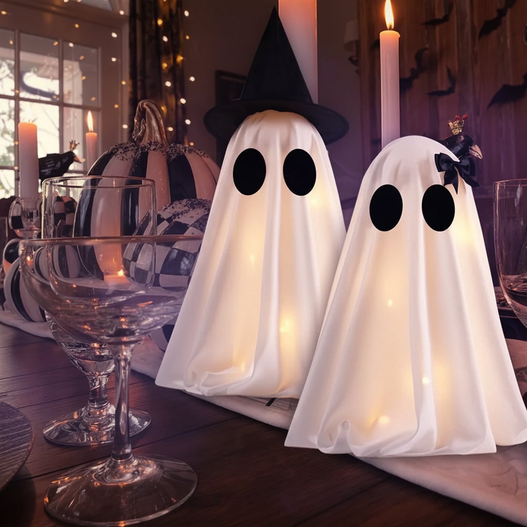 Két darab világító halloweenes szellemdekoráció, beépített meleg fehér LED-lámpákkal
