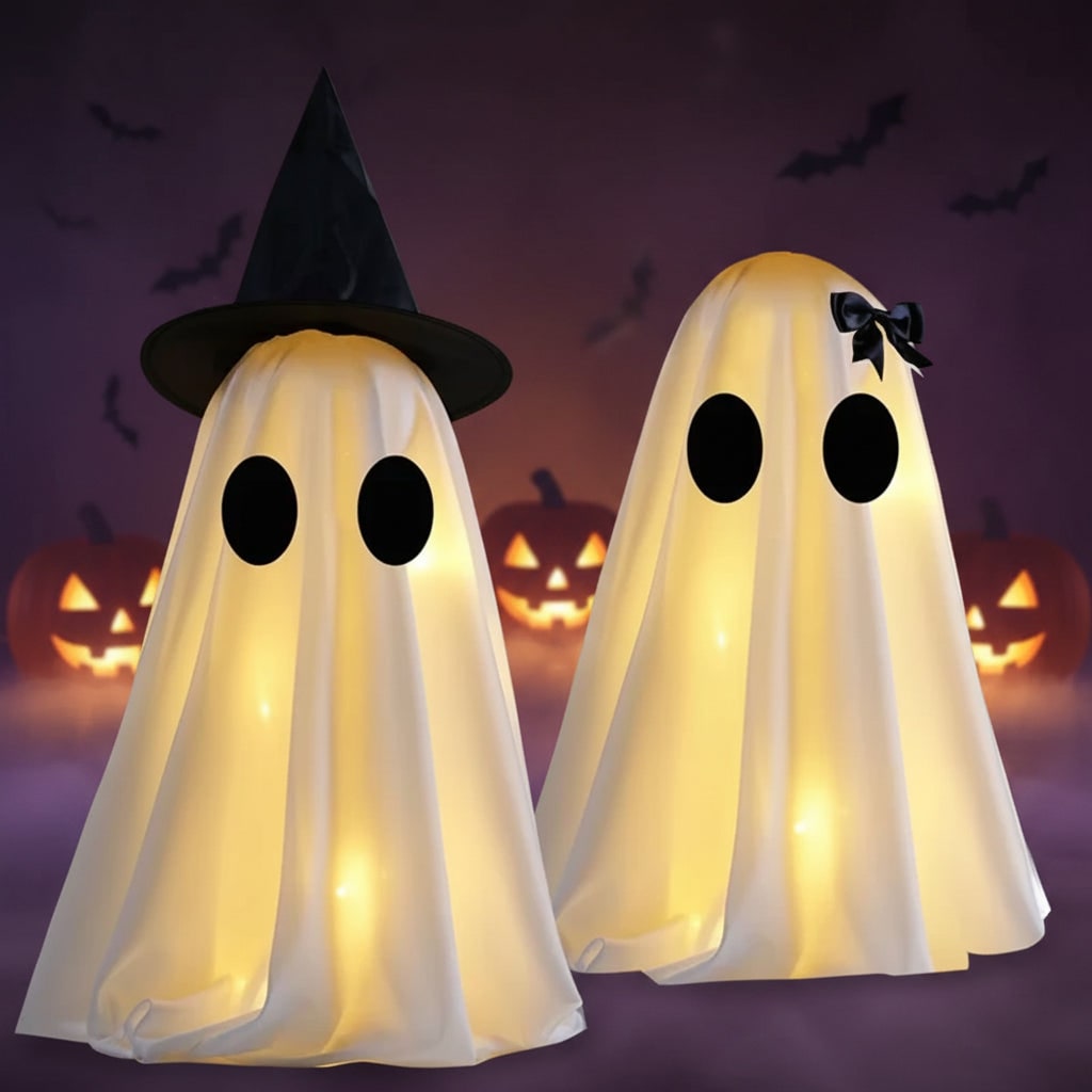 Két darab világító halloweenes szellemdekoráció, beépített meleg fehér LED-lámpákkal