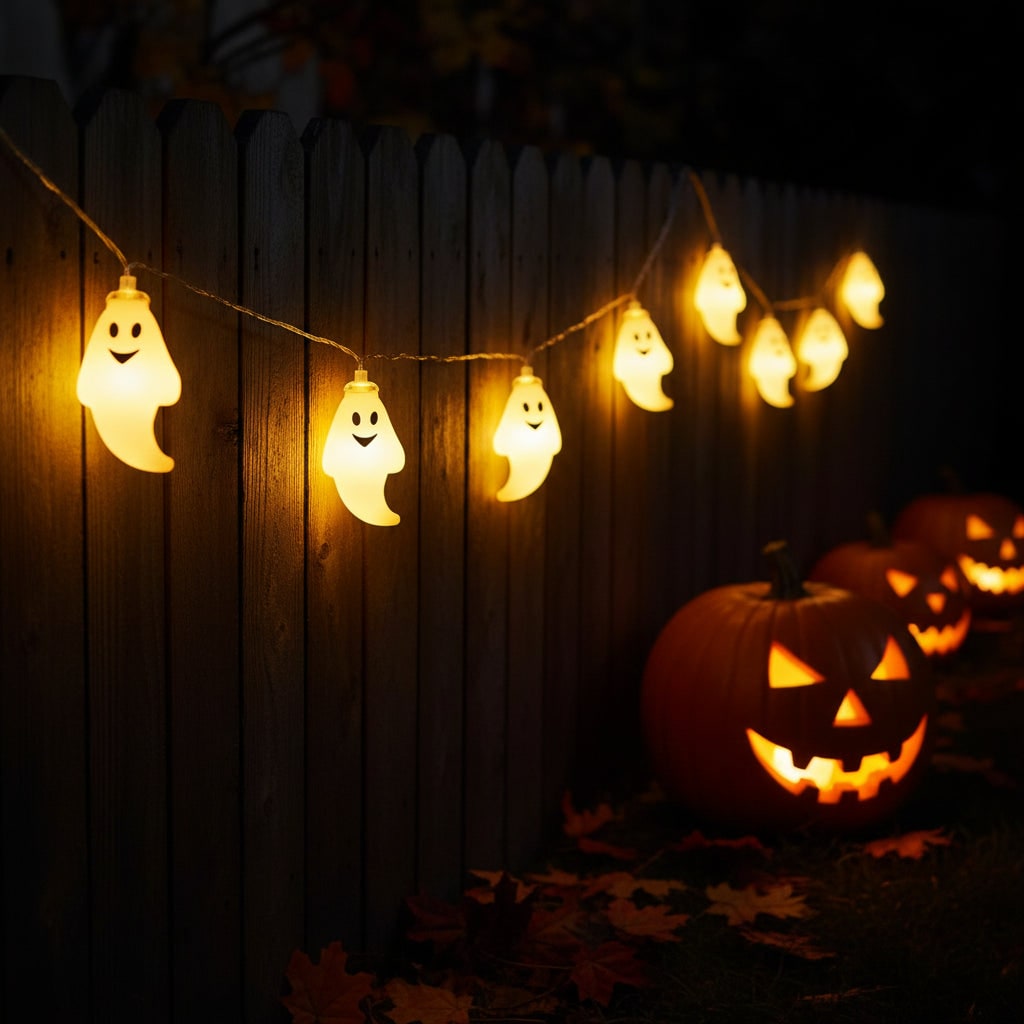 Girlanda świetlna z duchami na Halloween, dekoracja LED na baterie