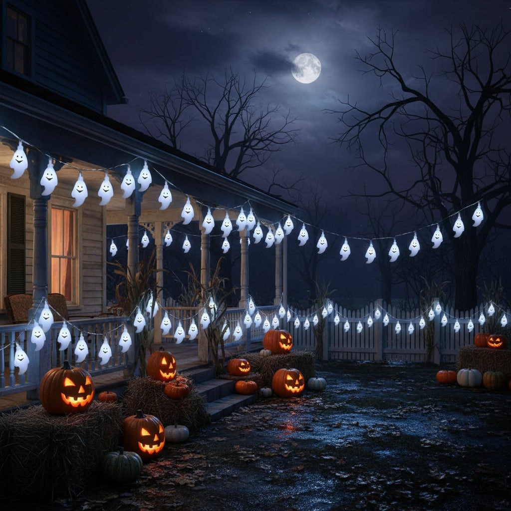 Girlanda świetlna z duchami na Halloween, dekoracja LED na baterie