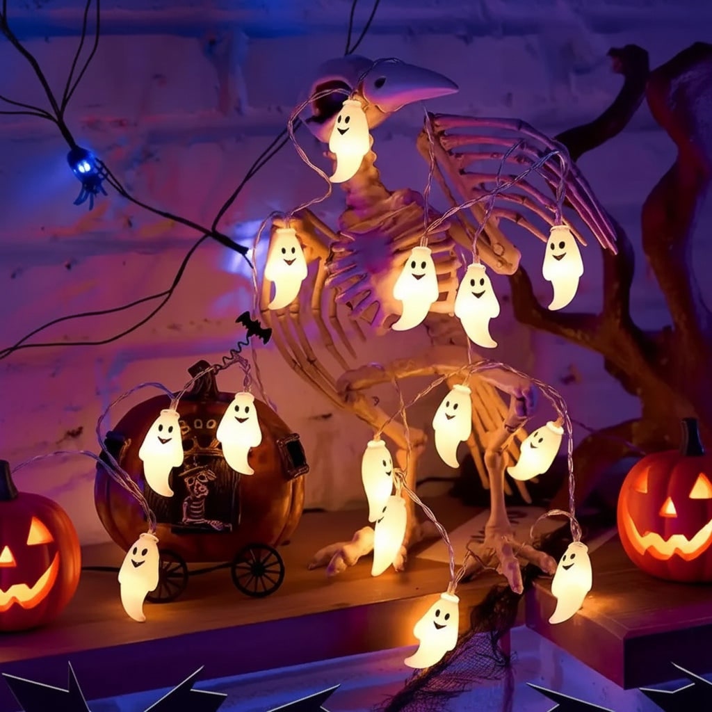 Girlanda świetlna z duchami na Halloween, dekoracja LED na baterie