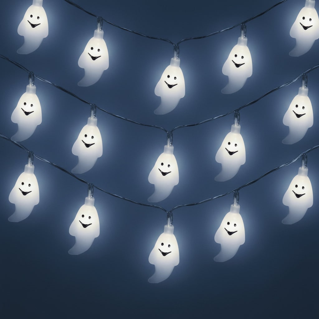 Girlanda świetlna LED z duchami na Halloween, zasilana bateriami, urocze kształty, delikatnie świecące żarówki