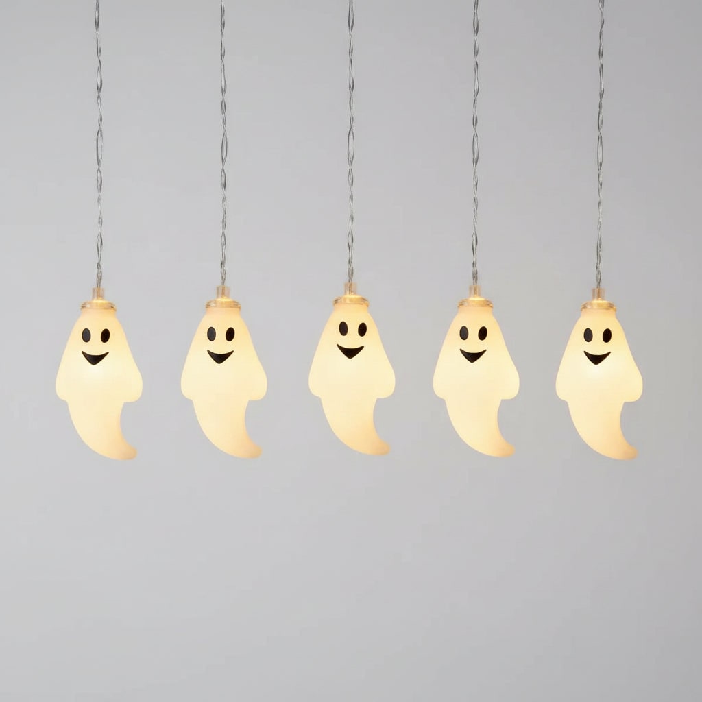 Girlanda świetlna LED z duchami na Halloween, zasilana bateriami, urocze kształty, delikatnie świecące żarówki