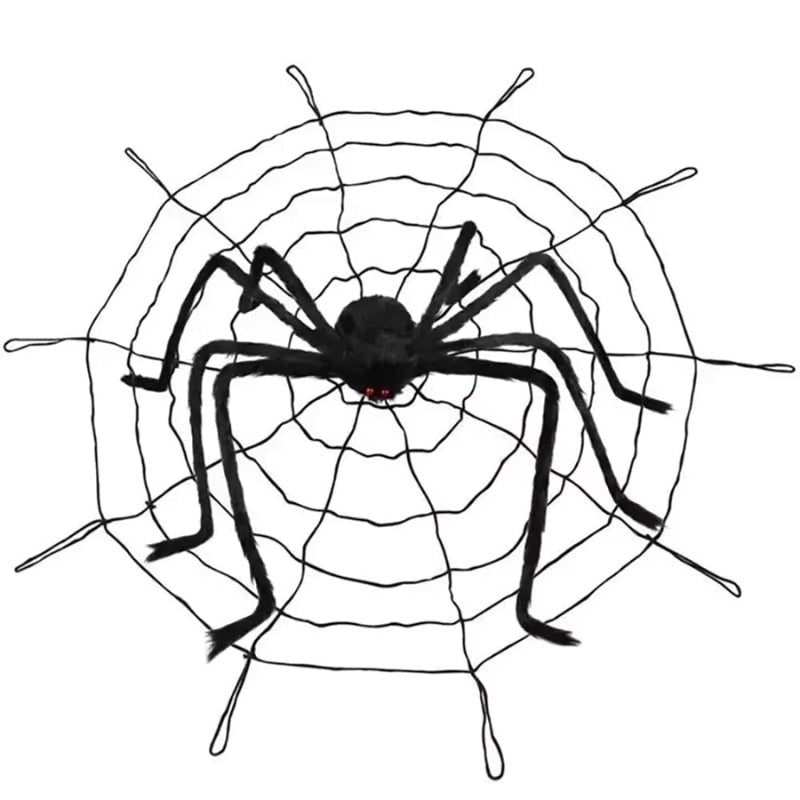 Decoração de aranha gigante de Halloween — teia artificial, pernas flexíveis e ajustáveis
