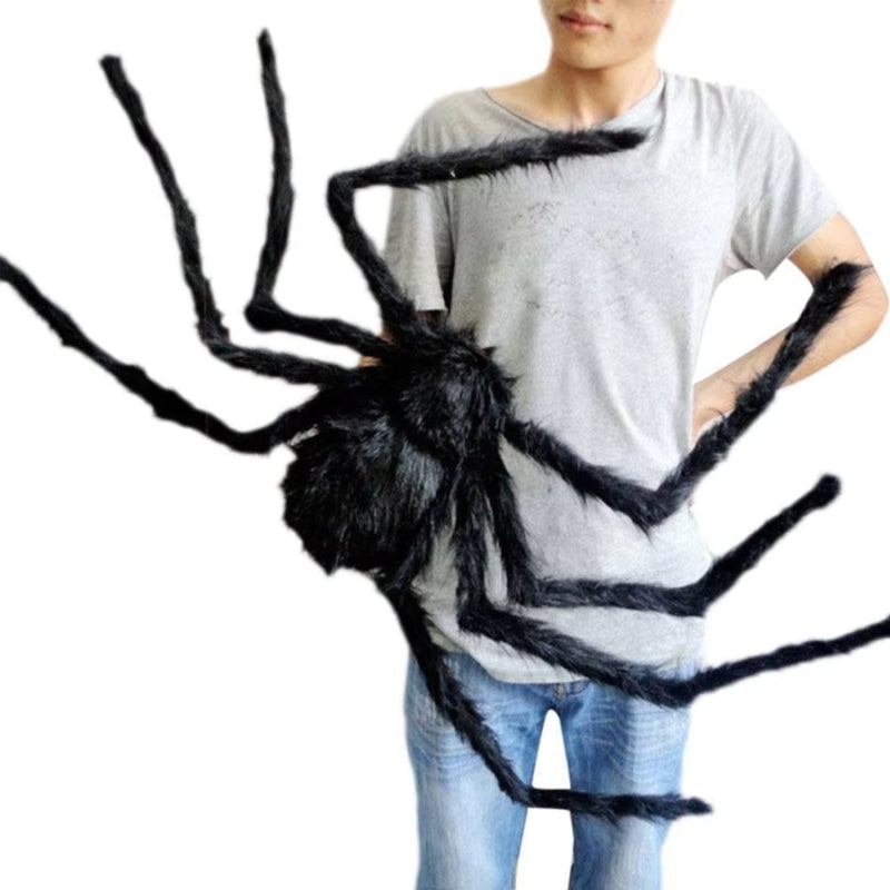 Decoração de aranha gigante de Halloween — teia artificial, pernas flexíveis e ajustáveis