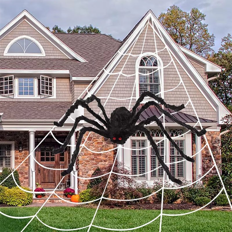 Decoração de aranha gigante de Halloween — teia artificial, pernas flexíveis e ajustáveis