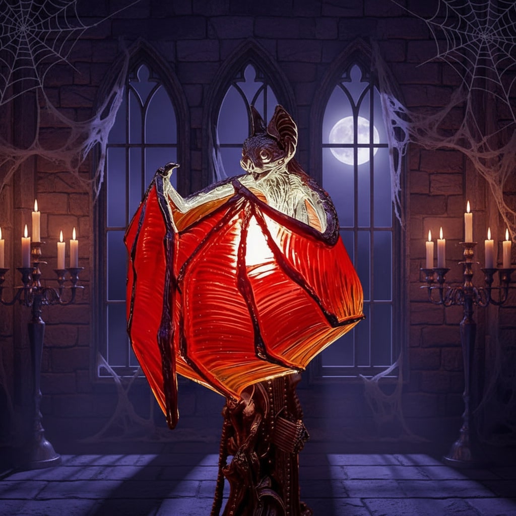 Gotická stolní lampa s netopýrem, na baterie, LED s průsvitnými červenými křídly