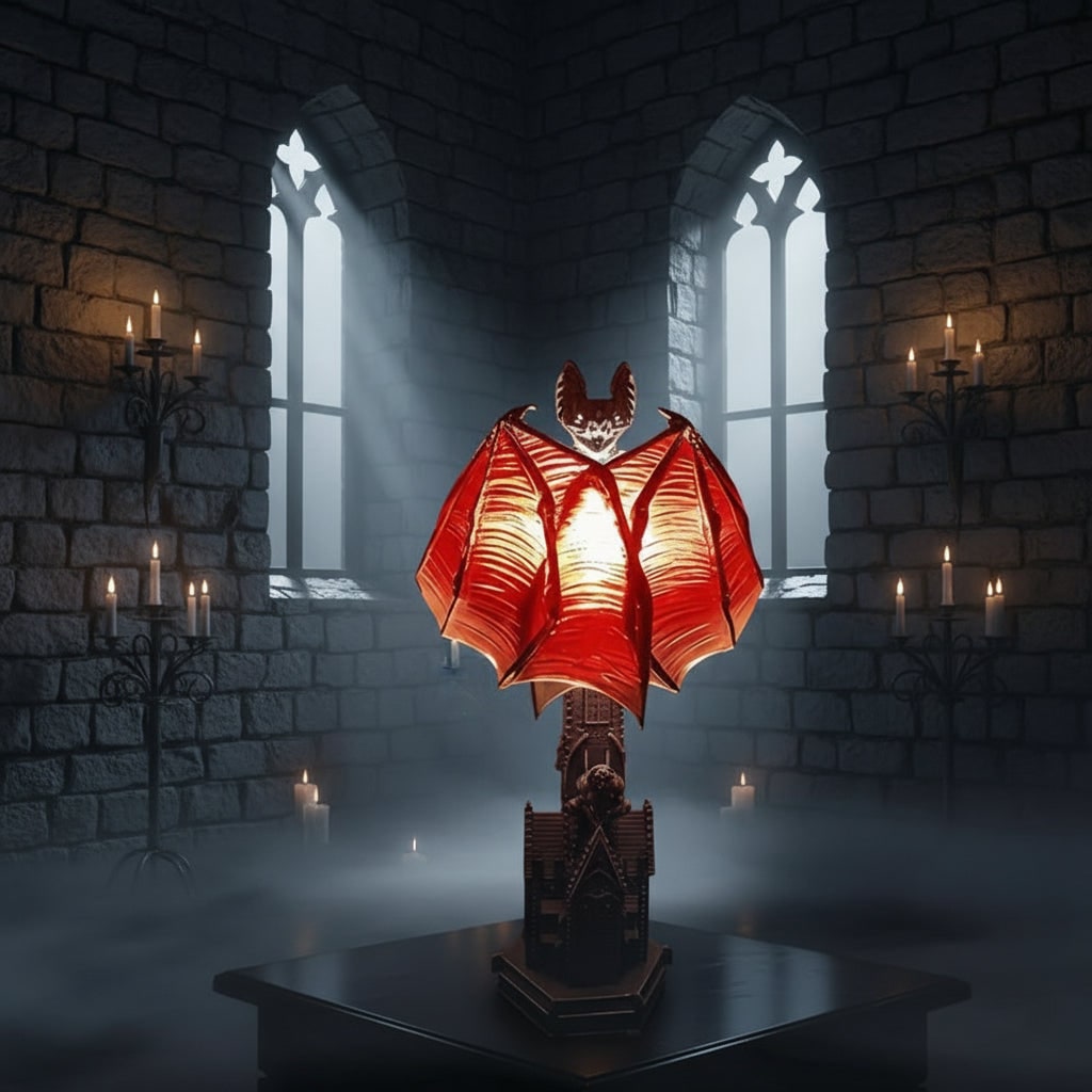 Gotická stolní lampa s netopýrem, na baterie, LED s průsvitnými červenými křídly