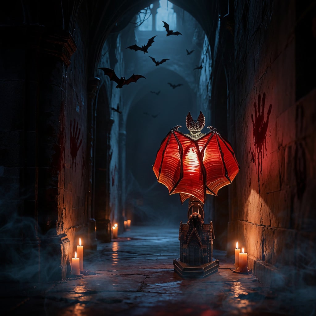 Gotická stolní lampa s netopýrem, na baterie, LED s průsvitnými červenými křídly