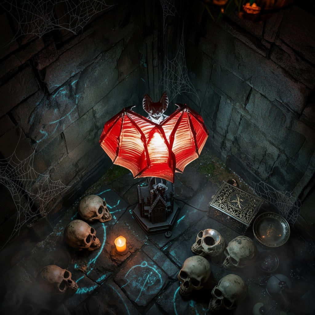 Gotická stolní lampa s netopýrem, na baterie, LED s průsvitnými červenými křídly