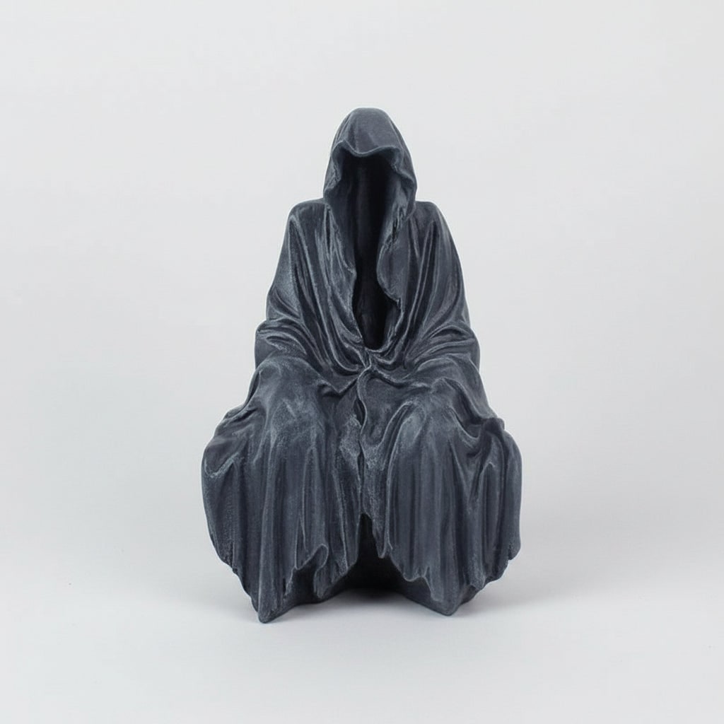 Gesichtslose Statue eines verhüllten Sensenmanns, Halloween-Dekoration aus geformtem Kunstharz