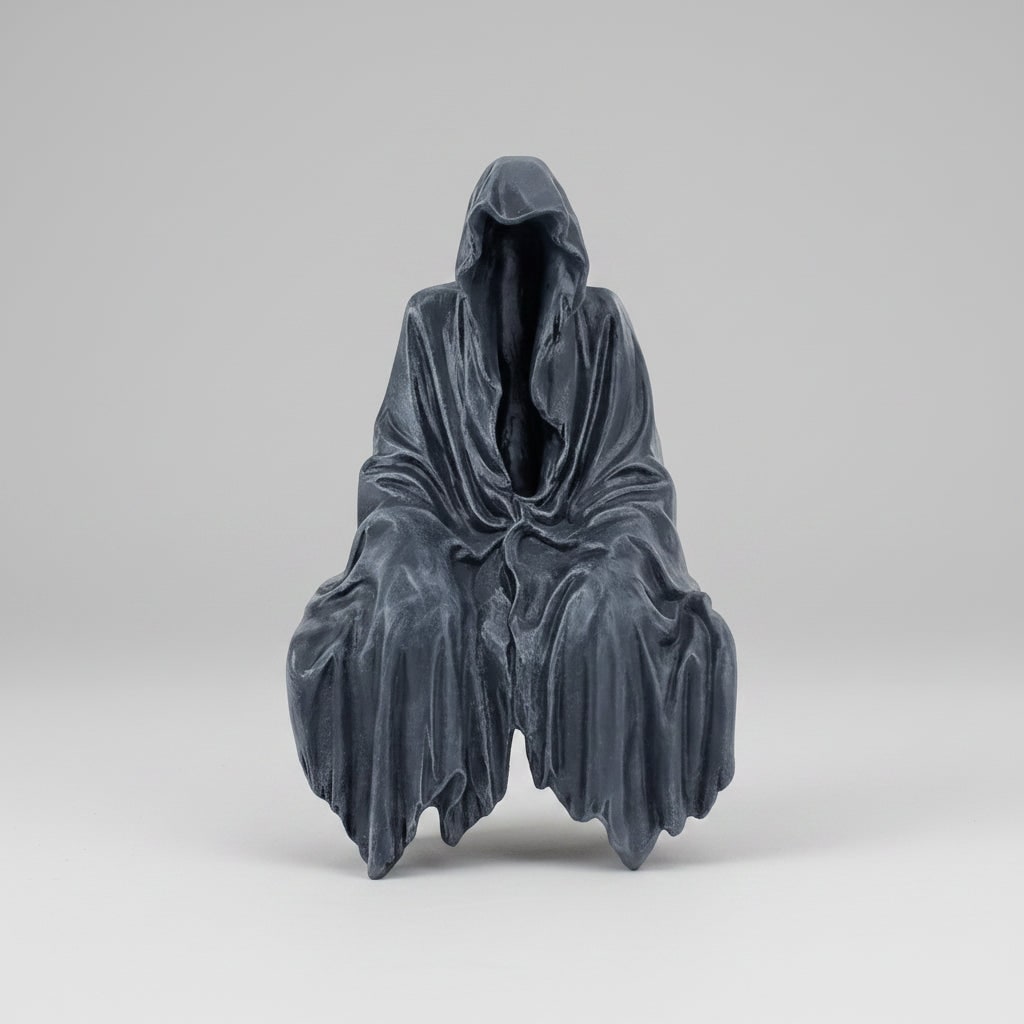 Gesichtslose Statue eines verhüllten Sensenmanns, Halloween-Dekoration aus geformtem Kunstharz