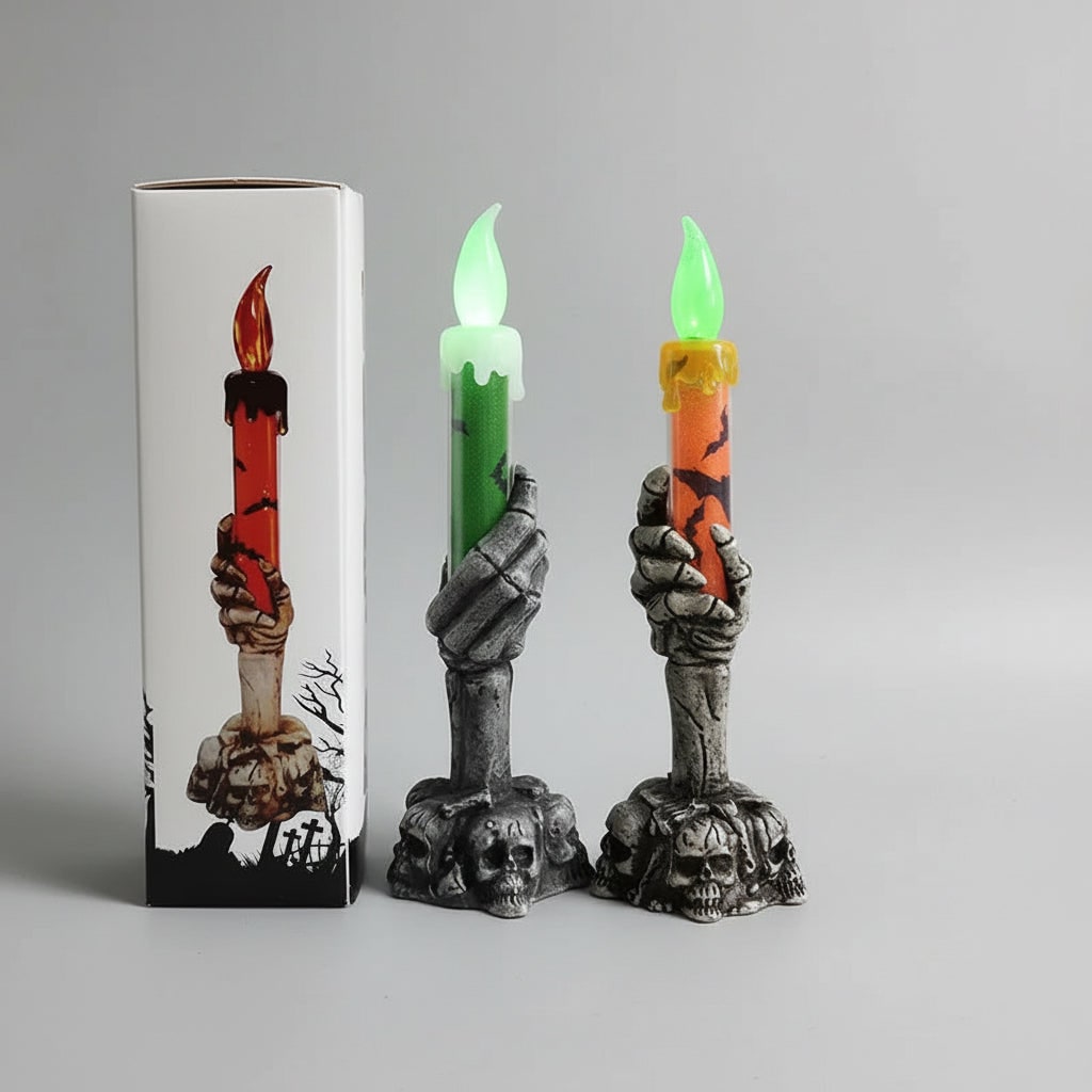 Halloween Hand Poured Soy Candles, Skeleton Holder, And LED Flame Light