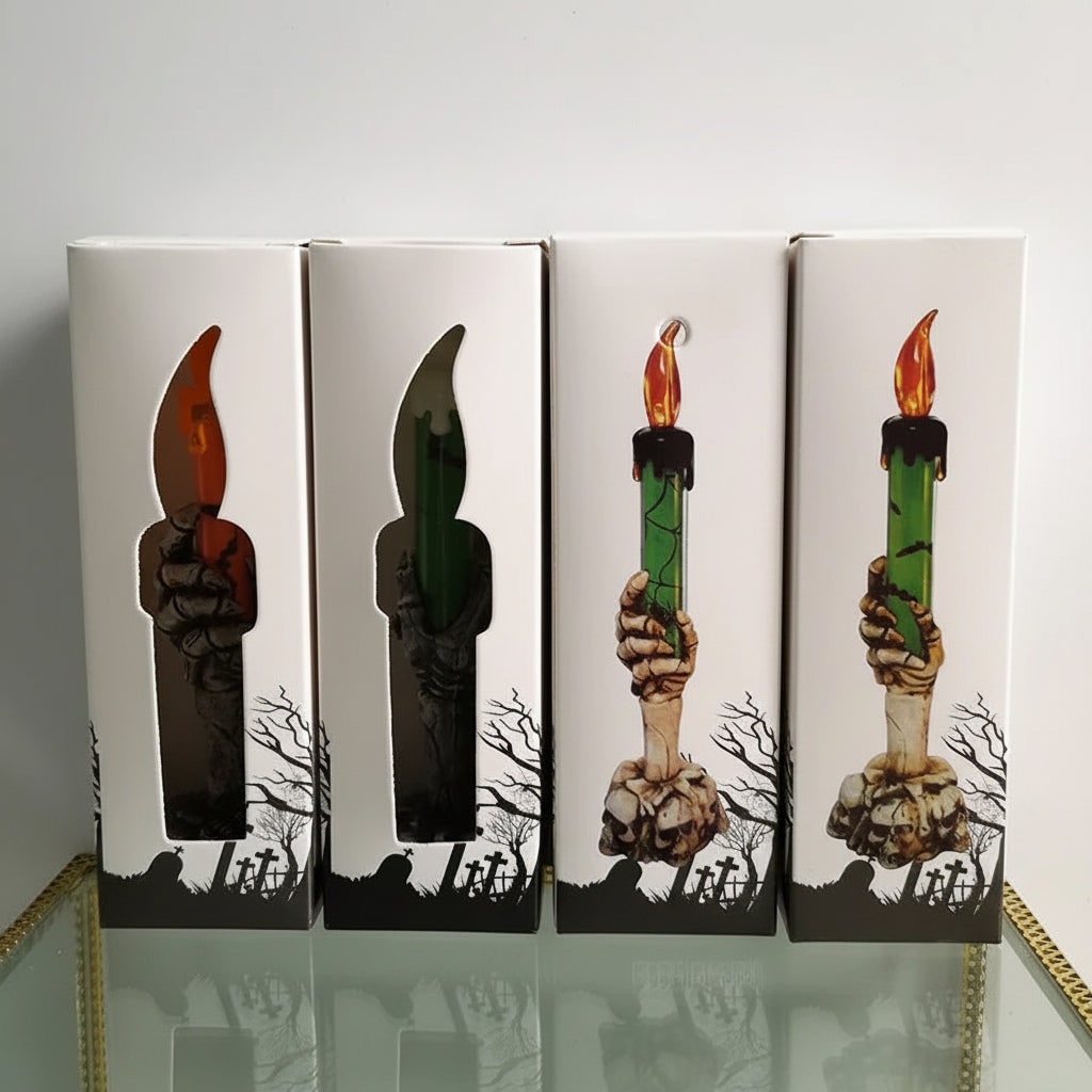 Halloween Hand Poured Soy Candles, Skeleton Holder, And LED Flame Light