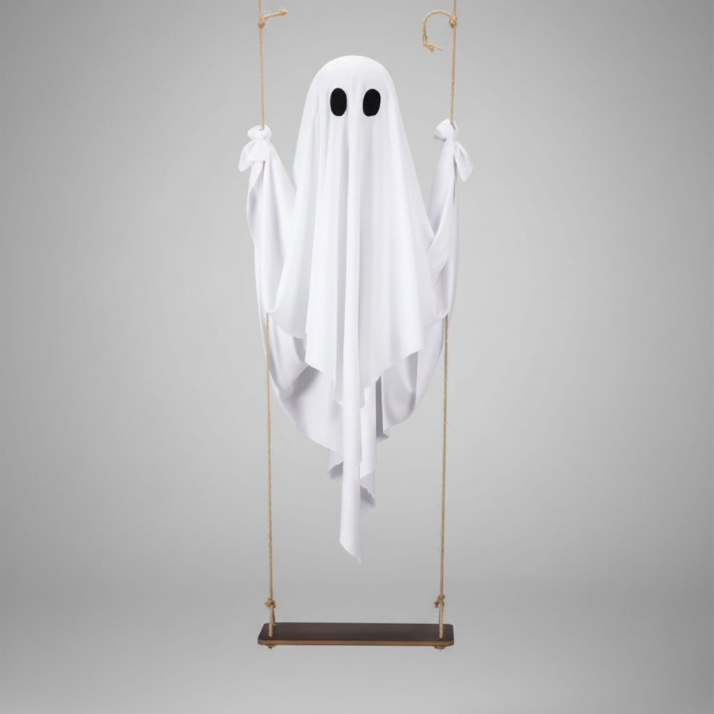Decoración colgante de fantasma blanco para Halloween — Luz LED, movimiento oscilante, ojos ovalados negros