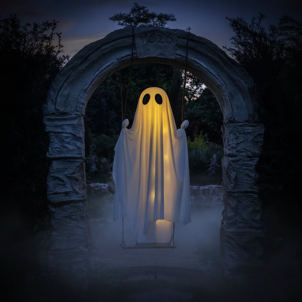 Decoración colgante de fantasma blanco para Halloween — Luz LED, movimiento oscilante, ojos ovalados negros