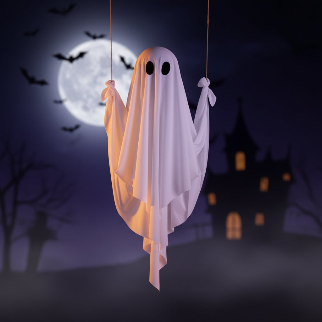 Decoración colgante de fantasma blanco para Halloween — Luz LED, movimiento oscilante, ojos ovalados negros