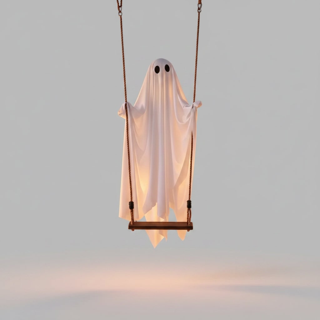 Decoración colgante de fantasma blanco para Halloween — Luz LED, movimiento oscilante, ojos ovalados negros