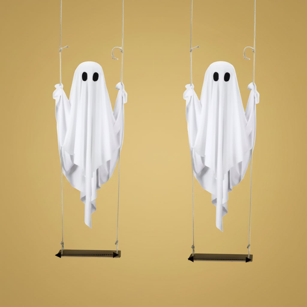 Decoración colgante de fantasma blanco para Halloween — Luz LED, movimiento oscilante, ojos ovalados negros