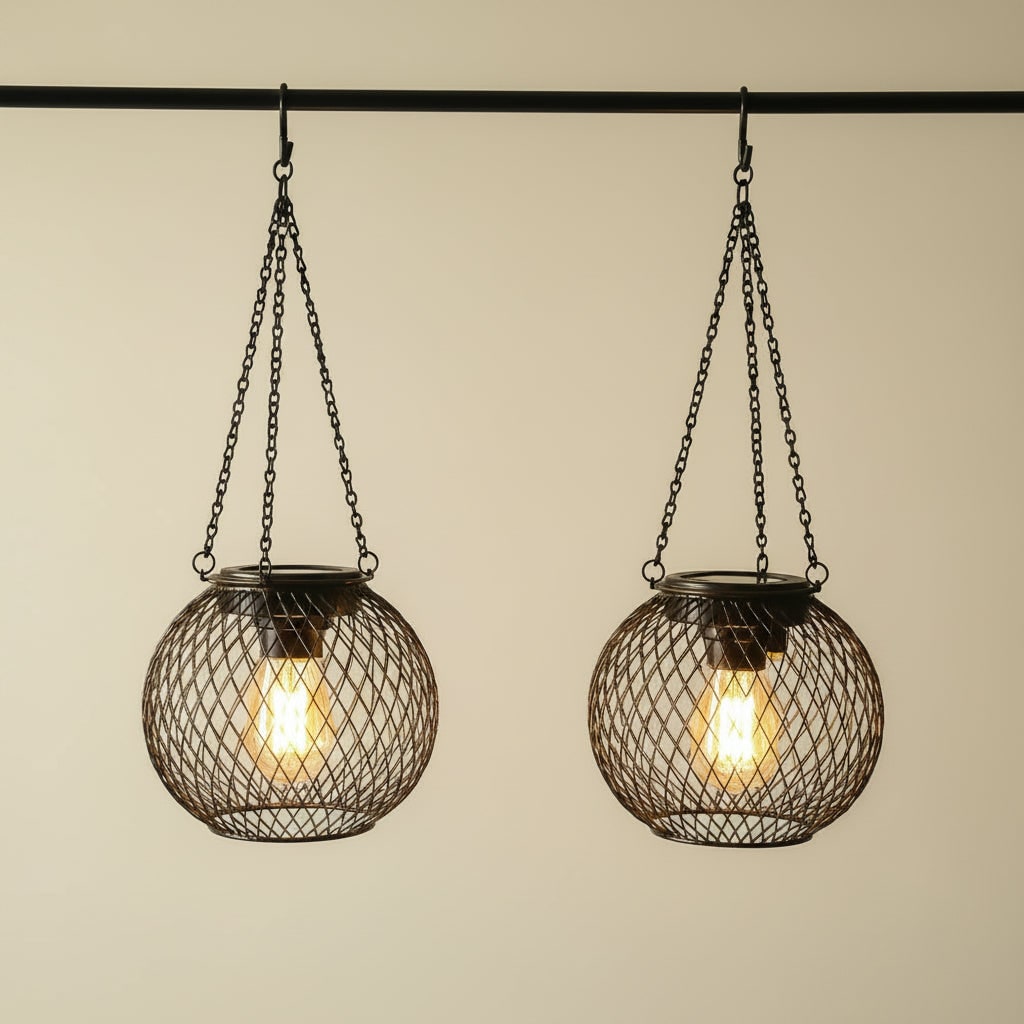 Napelemes függőlámpa - dróthálós gömb, Edison LED-izzó