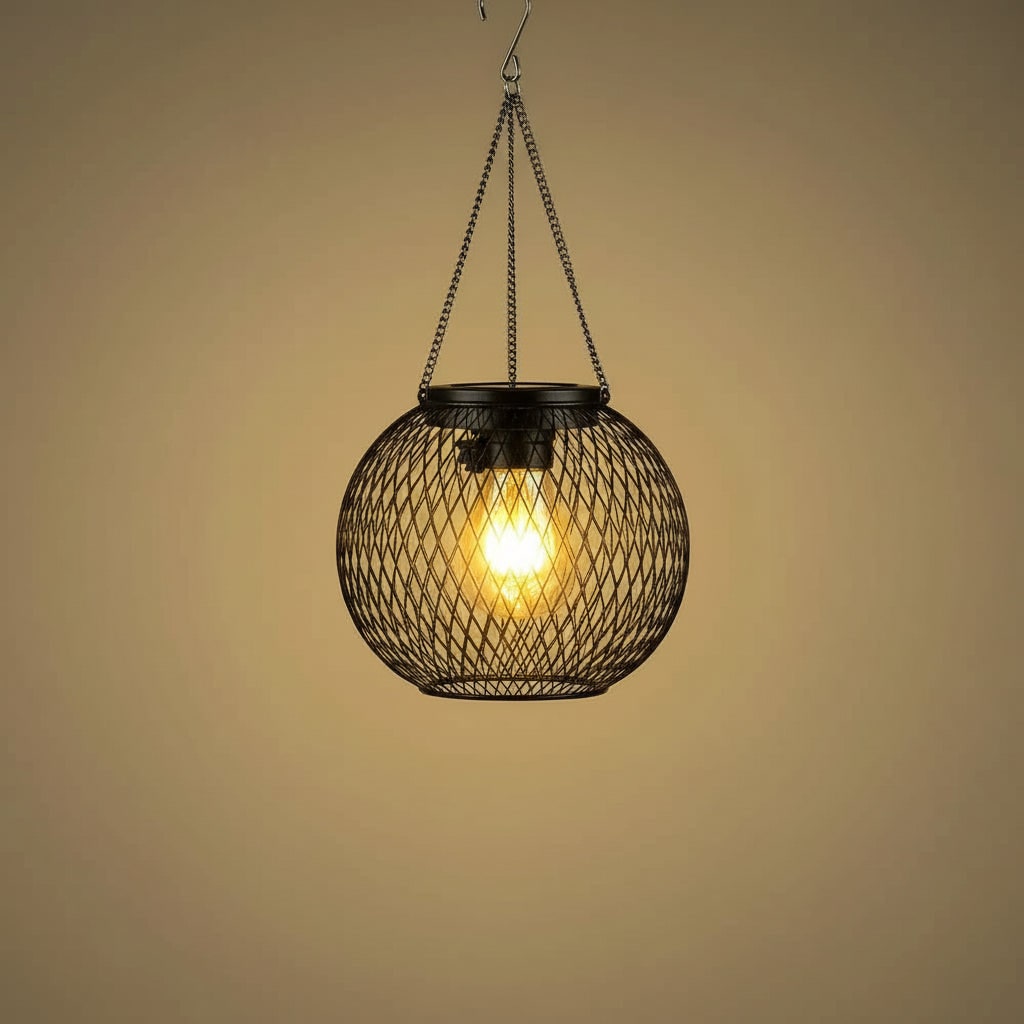 Napelemes függőlámpa - dróthálós gömb, Edison LED-izzó