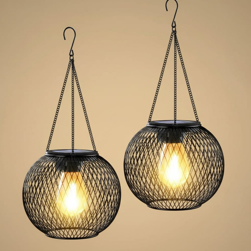Napelemes függőlámpa - dróthálós gömb, Edison LED-izzó