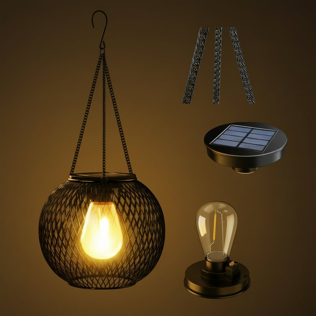 Napelemes függőlámpa - dróthálós gömb, Edison LED-izzó