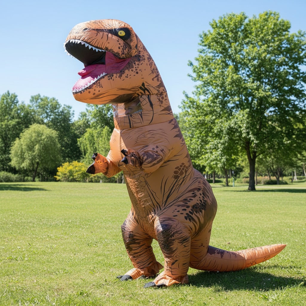 Φουσκωτή στολή δεινοσαύρου T-Rex για ενήλικες, με ανεμιστήρα που λειτουργεί με μπαταρίες, καφέ με μαύρες ρίγες