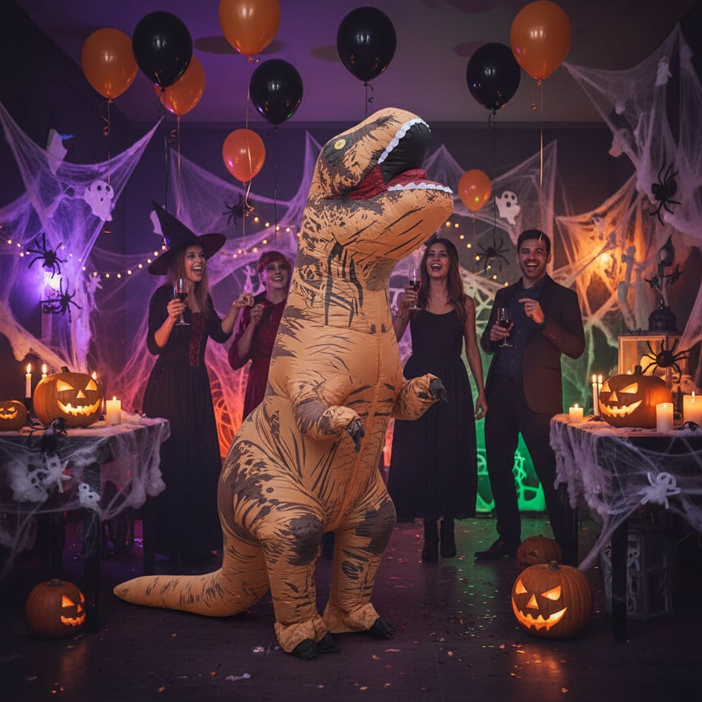 Φουσκωτή στολή δεινοσαύρου T-Rex για ενήλικες, με ανεμιστήρα που λειτουργεί με μπαταρίες, καφέ με μαύρες ρίγες