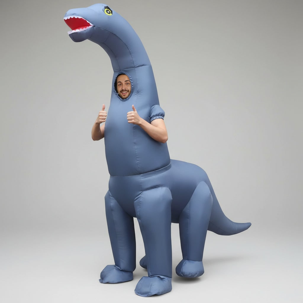Disfraz inflable de dinosaurio con cuello largo y cola oscilante