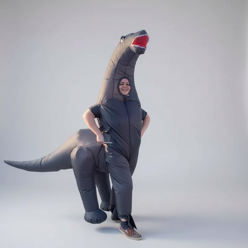 Disfraz inflable de dinosaurio con cuello largo y cola oscilante