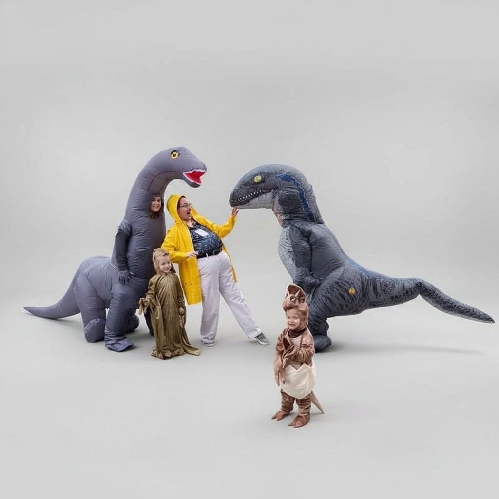 Disfraz inflable de dinosaurio con cuello largo y cola oscilante