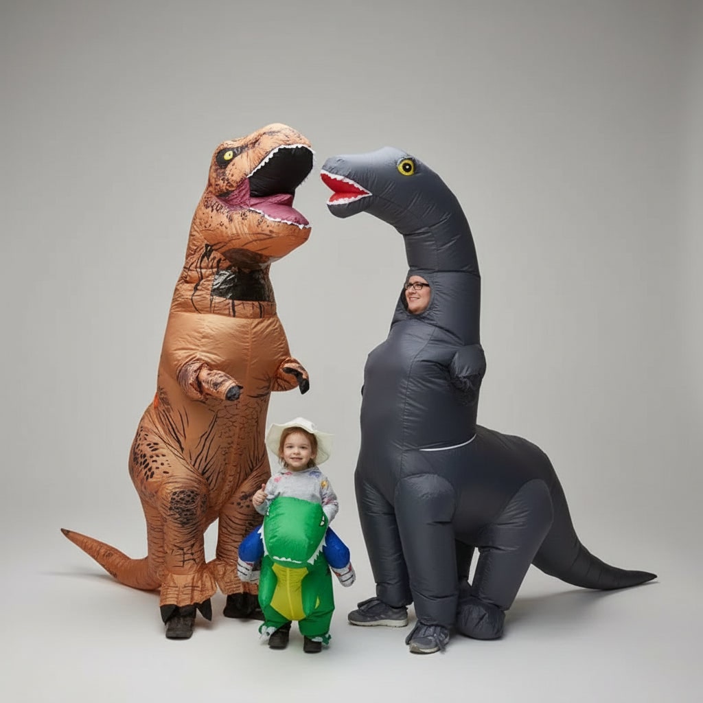Disfraz inflable de dinosaurio con cuello largo y cola oscilante