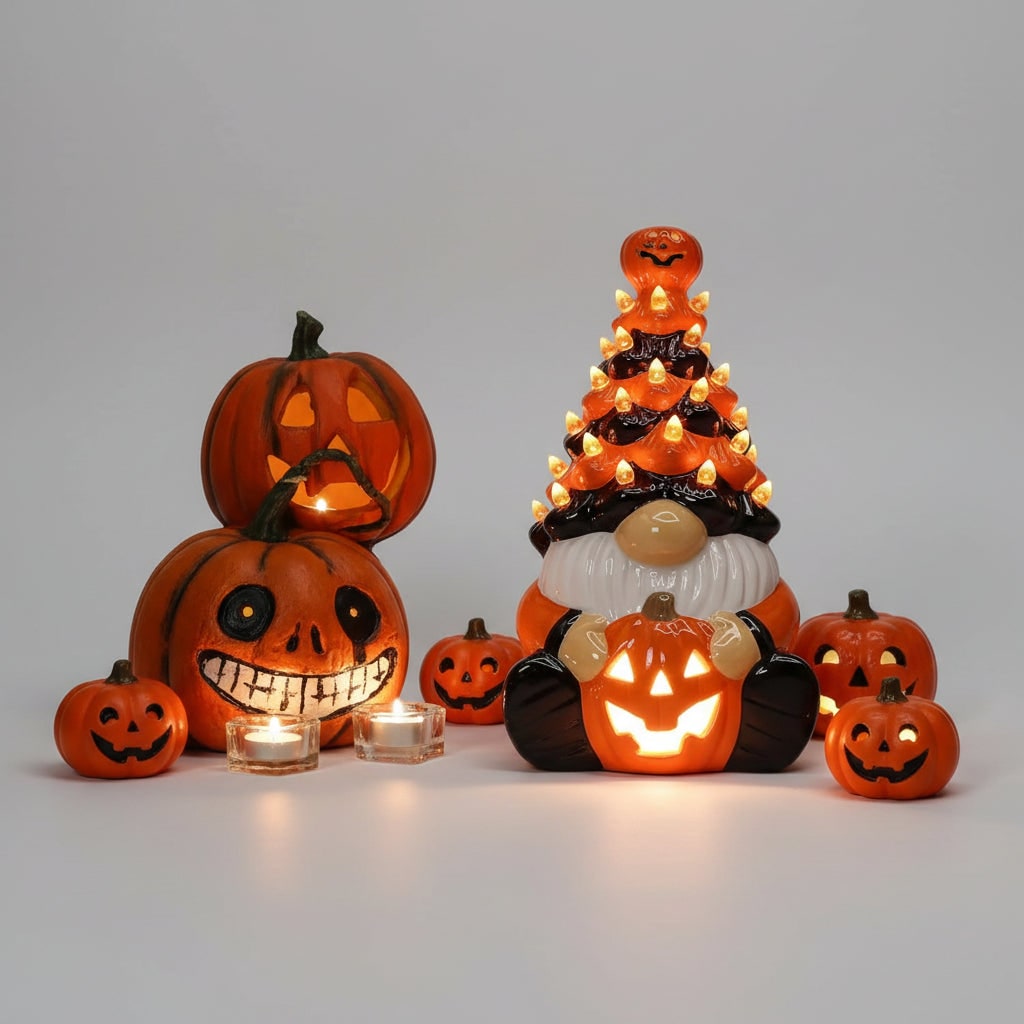 Figurine lumineuse en céramique représentant un gnome d’Halloween tenant une citrouille-lanterne sculptée