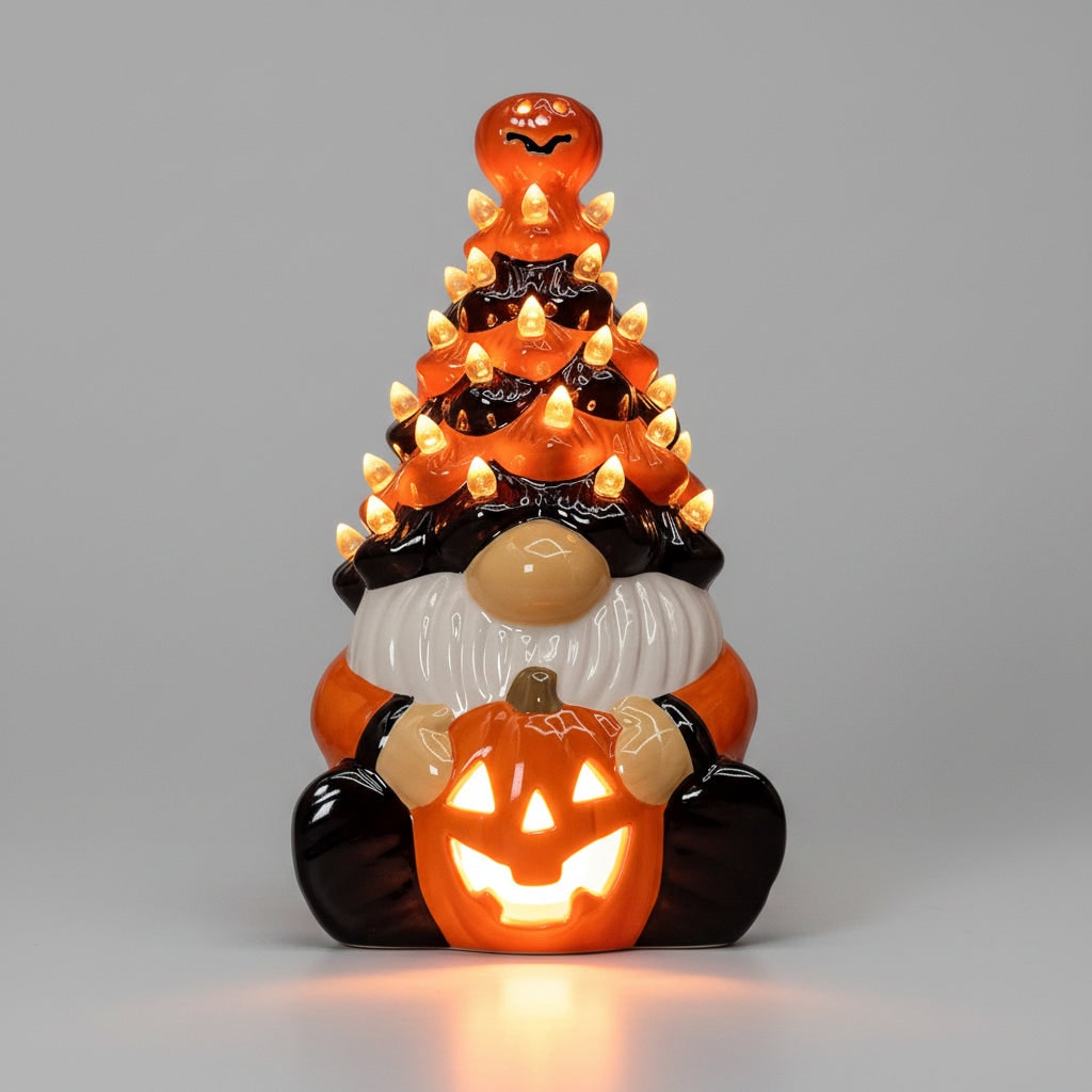 Halloween-Keramik-Wichtel-Lichtfigur mit geschnitztem Kürbis als Laterne