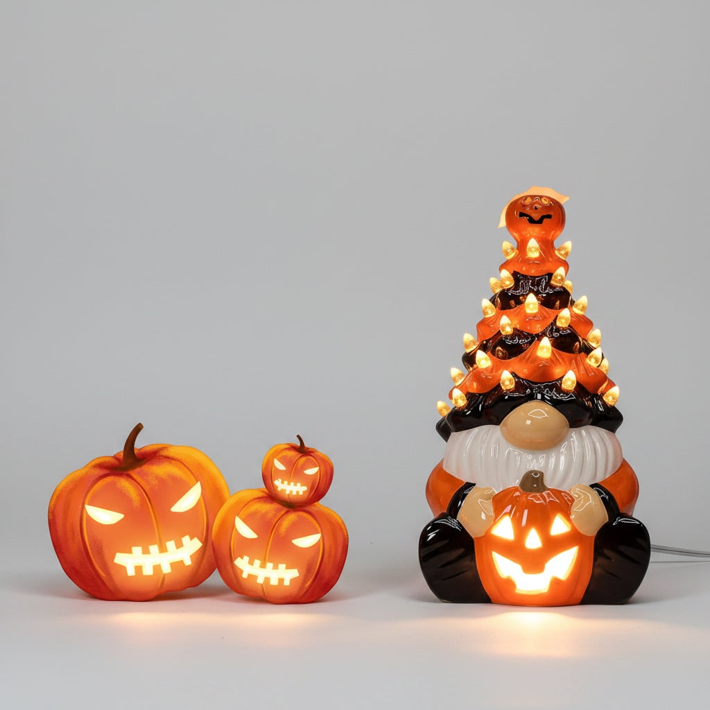Halloween-Keramik-Wichtel-Lichtfigur mit geschnitztem Kürbis als Laterne