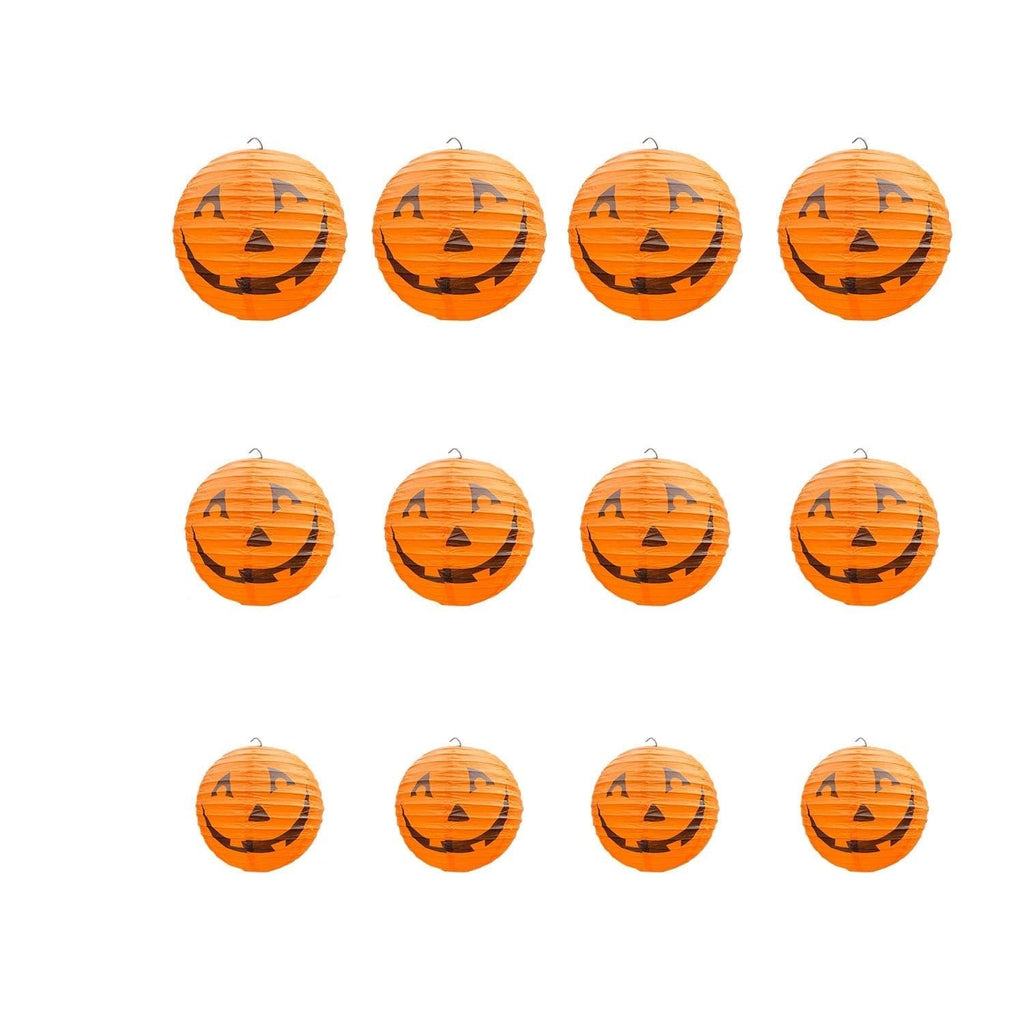 12 papierowych wiszących lampionów w kształcie dyni, z klasycznymi halloweenowymi twarzami Jack-o’-lantern