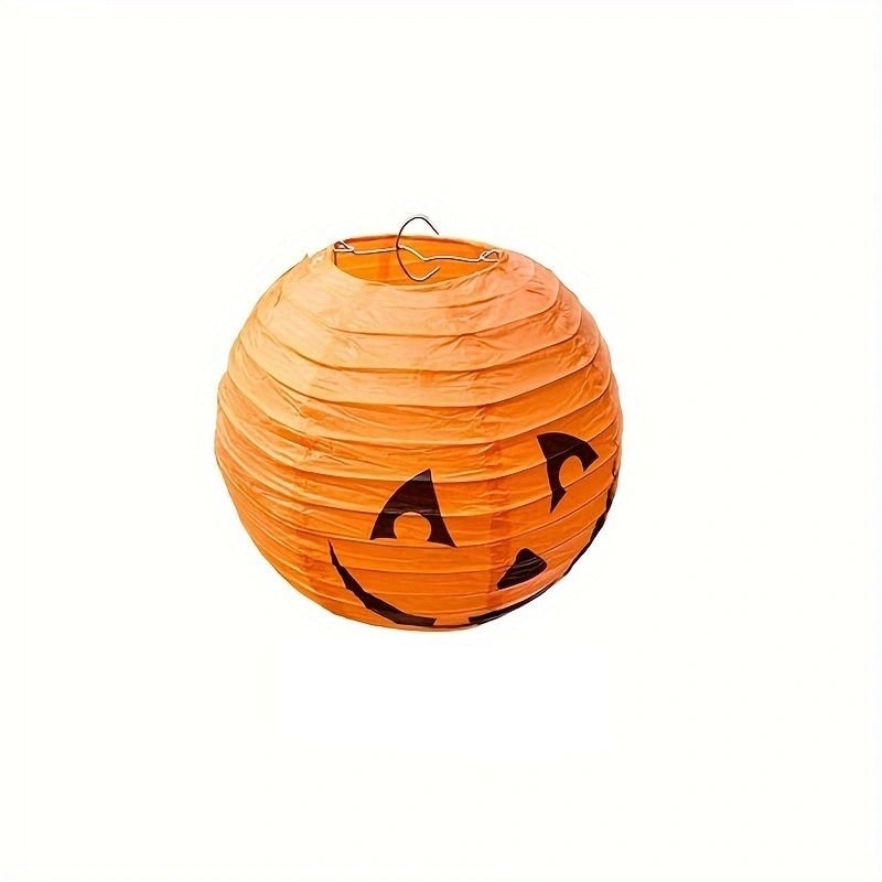 12 papierowych wiszących lampionów w kształcie dyni, z klasycznymi halloweenowymi twarzami Jack-o’-lantern