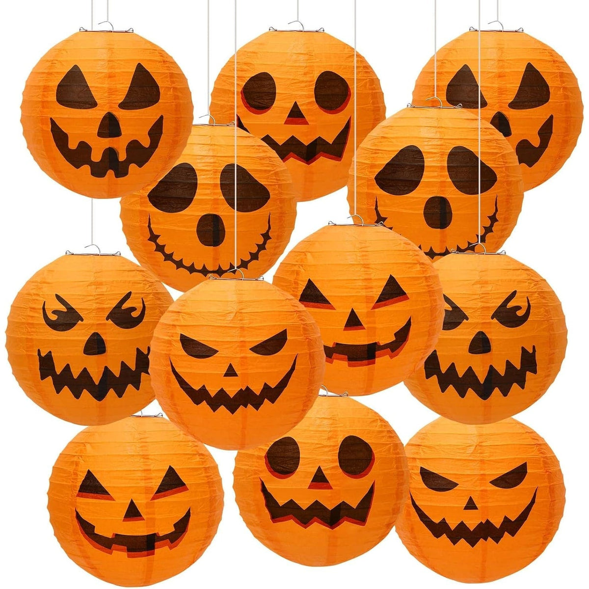 12 papierowych wiszących lampionów w kształcie dyni, z klasycznymi halloweenowymi twarzami Jack-o’-lantern