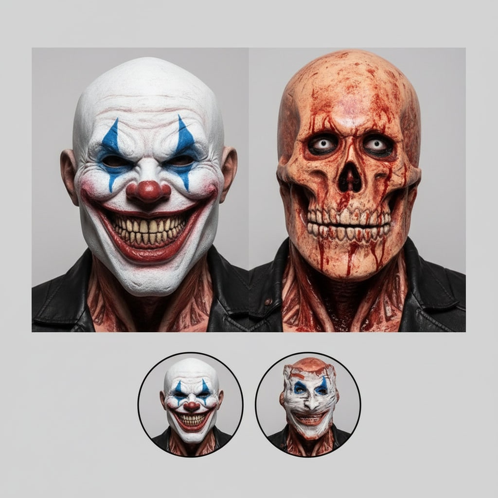 Halloweenmask med dubbla lager, avdragbar latex, läskigt clownkranium