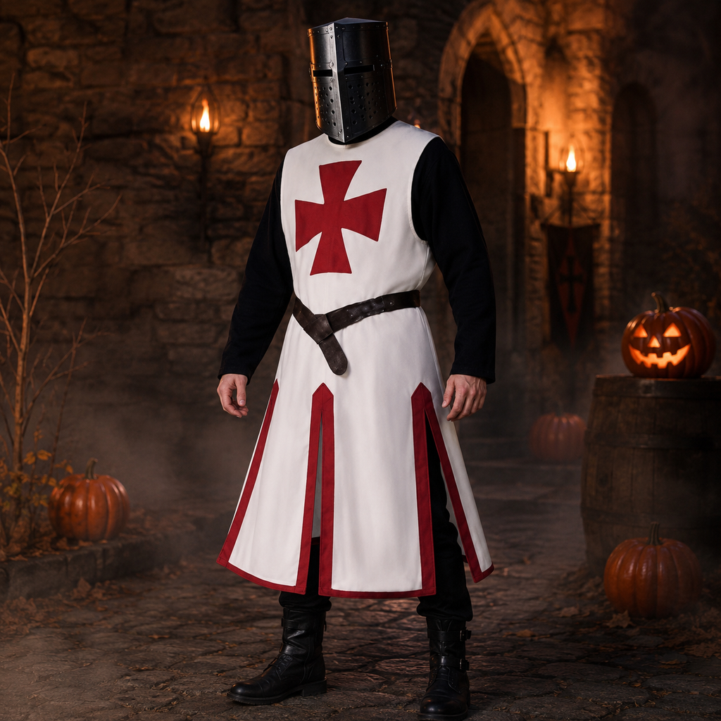 Costume de chevalier médiéval, tunique de templier croisé, pans fendus et bordure contrastante