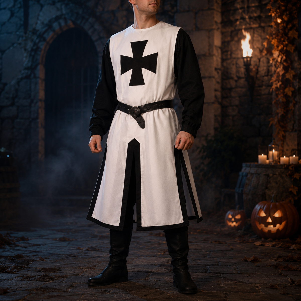 Costume de chevalier médiéval, tunique de templier croisé, pans fendus et bordure contrastante