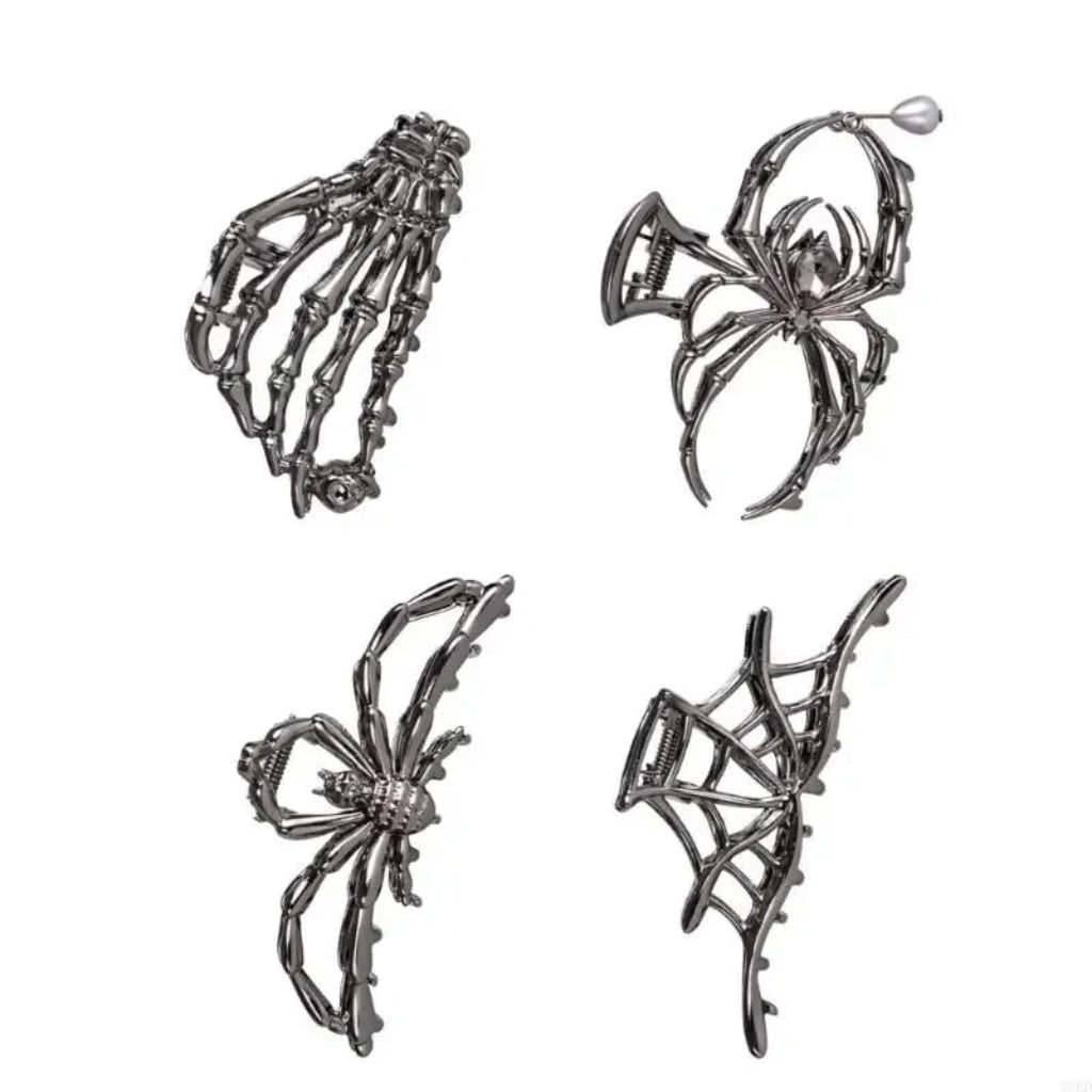 万圣节金属发爪夹 - 蜘蛛、蝙蝠和骷髅印花设计